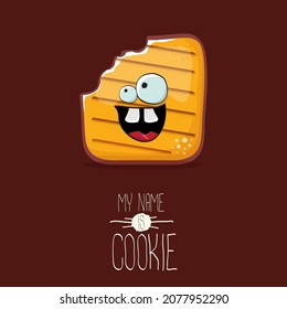 vector funny hand-drawn cookie character isolated on brown background. My name is cookie concept illustration. funky food character or bakery label mascot