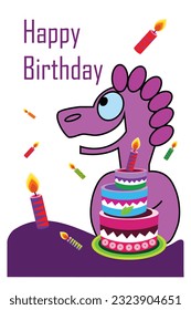 vector funny happy birthday greeting card with funny character and cake and happy birthday text