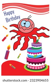 vector funny happy birthday greeting card with funny character and cake and happy birthday text
