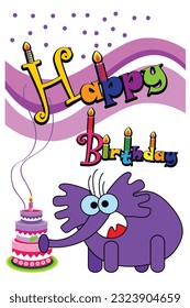 vector funny happy birthday greeting card with funny character and cake and happy birthday text