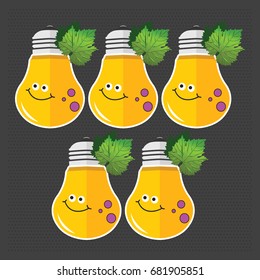vector funny happy characters on vector bulb lamp and green leaves, vector vector happy faces illustration