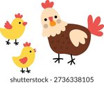 Vector funny hen with chicks icon. Farm bird clipart isolated on white background. Spring or Easter illustration. Cute domestic animal. Chicken babies with their mother picture

