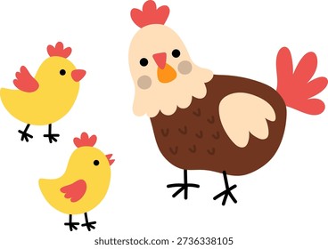 Vector funny hen with chicks icon. Farm bird clipart isolated on white background. Spring or Easter illustration. Cute domestic animal. Chicken babies with their mother picture
