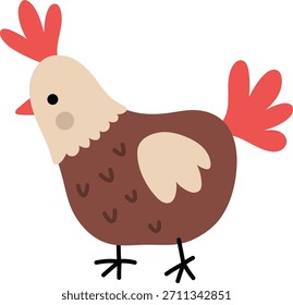 Vector divertido icono de la gallina. Clipart del pájaro de la granja aislado en el fondo blanco. Ilustración de primavera o Pascua. Ilustración de animal doméstico lindo
