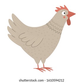 Vector funny hen isolated on white background. Spring, Easter or farm funny illustration. Cute bird icon