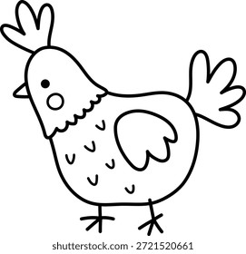 Vector divertido icono de línea de gallina. Clipart del pájaro de la granja aislado en el fondo blanco. Primavera o Pascua ilustración en blanco y negro. Lindo animal doméstico para colorear página

