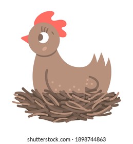 Vector funny hen in nest icon isolated on white background. Spring, Easter or farm funny animal illustration. Cute domestic bird hatching or laying eggs
