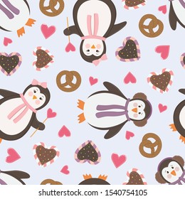 Vector funny holiday seamless pattern with penguins and sweets