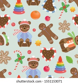 Vector funny holiday seamless pattern with Christmas objects and teddy bear