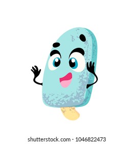 Vector funny ice cream, cartoon character with face and hands