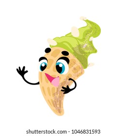 Vector funny ice cream, cartoon character with face and hands