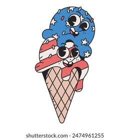 Vector Funny Ice Cream Cartoon Celebrate 4th July Illustration Isolated