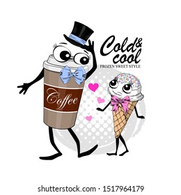Vector funny ice cream and paper cup of coffee. Illustration of fashionista  cartoon popsicle and coffee. Print on T-shirts, bags and other fashion 