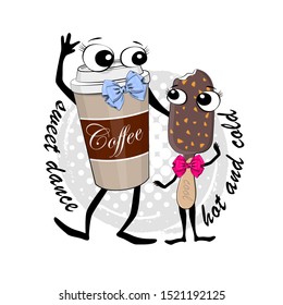 Vector funny ice cream and paper cup of coffee. Illustration of fashionista  cartoon popsicle and coffee. Print on T-shirts, bags and other fashion 