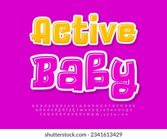 Icono del vector divertido, Active Baby. Brillante Fuente Infantil. Letras, números y símbolos de alfabeto rosado