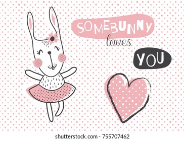 vector funny illustrastration with a cute dancing ballerina rabbit on dotted background