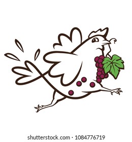 Vector funny illustration of brown chicken running holding a bunch of grapes with hear beam