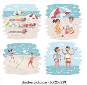 Vector funny illustration of cartoon scenes of Sunny Day in Crowded Beach. Swimming couple, kids play in sand, people laying on sunbeds, play volleyballs on seacozst