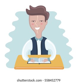 Vector funny illustration of cartoon school boy sitting at the desk an book in front of him