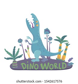 Vector funny illustration with cartoon tyrannosaurus on forest background