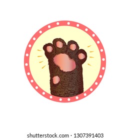 Vector funny illustration of a cat paw in a round pink frame. Animal, children themes, design element, printed goods, toys, books. 