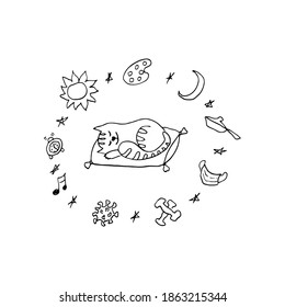 Vektorlustige Illustration einer Katze, die in Quarantäne auf einem Kissen schläft. Schöne Illustration des Zauderns