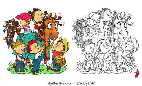 Vector funny illustration for coloring. With an example of a color image. Happy children decorate their beloved horse with colorful ribbons. Rest, sport, holidays