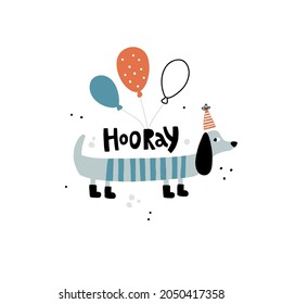 vector funny illustration of a cute dog with balloons and birthday cap and hand lettering hooray text