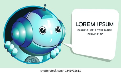 Vector. Funny illustration of a cute robot that looks out of the window and gives valuable advice. Speech bubble with place for text.