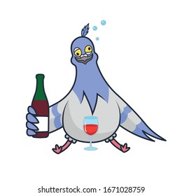 Vector funny illustration of the dove alcoholic. Sticker of the vulgar bird. Template of print for t-shirts.