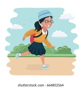 Vector funny illustration of girl going back to school. She was late and in a hurry running in park landscape