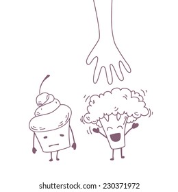 Vector funny illustration with hand which takes broccoli instead of tasty cupcakes