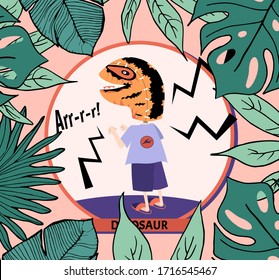 Vector funny illustration of a kid in a dinosaur tyrannosaurus rex costume in the jungle, stay at home madness