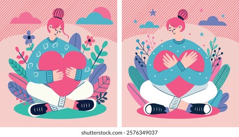 Vector funny illustration of a man with a heart with pink hair in a bun, with a happy face. Valentine's day. February 14. Love. The art style is modern, flat and cartoonish.	