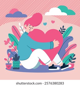 Vector funny illustration of man with heart, pink hair, happy face. Valentine's Day. February 14. Love. Art style is modern, flat and cartoonish.