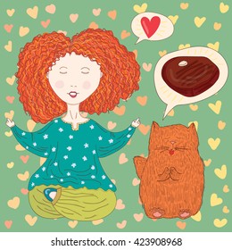 Vector funny illustration with meditating ginger girl with a ginger cat. Illustration for yoga and spiritual practice themes, book cover, children production and magazines, different purposes.