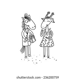 Vector funny illustration of new year 2015 characters - animals symbols goat and horse giving each other presents