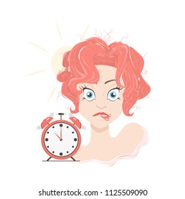 Vector funny illustration of a oversleep. Ringing alarm clock. Beautiful red girl wake up and being late. Isolated on the white background.