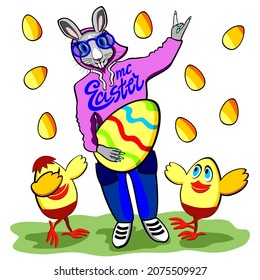 Vector funny illustration of rabbit and two chickens, celebrating Easter