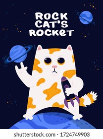 Vector funny illustration. Rock cat's rocket. Hand drawn lettering. Space design for banner, card, postcard, poster, sticker, print.