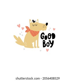 vector funny illustration of a sitting cute dog and hand lettering text