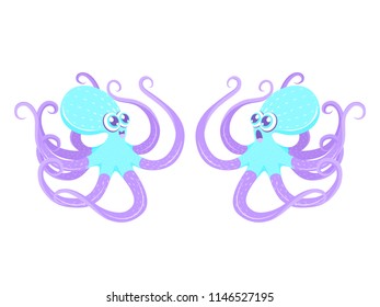 Vector funny illustration of a smiling and astonished octopus isolated on the white background.