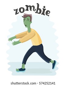 Vector funny illustration of walking cartoon zombie dead man.