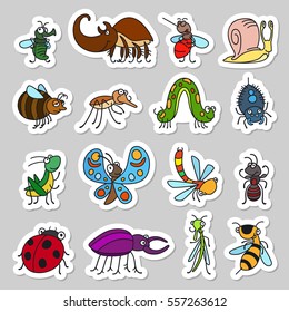 Vector funny insects and cute bugs stickers set.