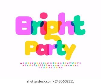 Vector divertida invitación Bright Party. Fuente de los niños coloridos. Conjunto de letras y números de alfabeto moderno.