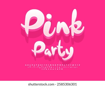 Vector Funny invitation Pink Party. Beautiful White Font. Fashion Cool Alphabet Letters and Numbers.
