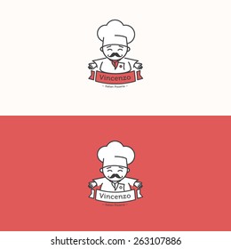 Vector funny Italian chef head mascot logotype. Pizzeria logo set.