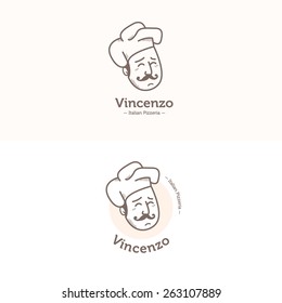 Vector funny Italian cook head mascot logotype. Pizzeria logo set.