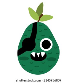 Vektor lustige kawaii avocado Symbol. Piratenfruchtgrafik. Comicpflanzenfrucht mit Augen, Augenfleck und Mund einzeln auf weißem Hintergrund. Gesunde Sommer-Essensklammer Kunst.
