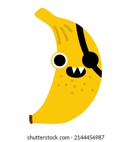 Vector Funny Kawaii Banana Icon. Pirate Fruit Illustration. Comic Plant With Eyes, Eye Patch And Mouth Isolated On White Background. Healthy Summer Food Clipart.
